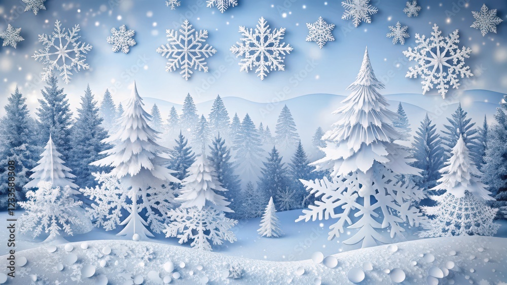 Festive paper cutouts on a winter scene with snowflakes and pine trees Festive paper cutouts on a winter scene with snowflakes and pine trees