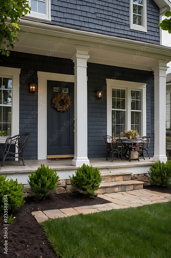 Elegant Home Exterior: A Dream House with a Charming Porch and Stone Pathway Elegant Home Exterior: A Dream House with a Charming Porch and Stone Pathway