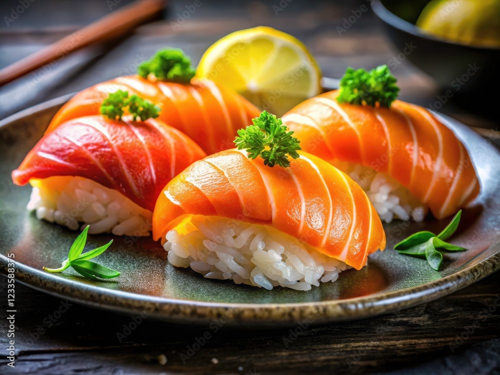 Generative AI captures succulent salmon sushi, bathed in warm, low-light ambiance. Generative AI captures succulent salmon sushi, bathed in warm, low-light ambiance.