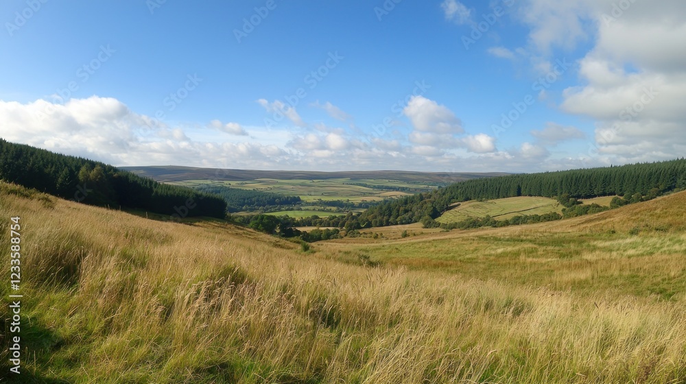 Obraz premium Serene Valley Landscape: Rolling Hills, Golden Grass, and Distant Woodlands Under a Bright Sky