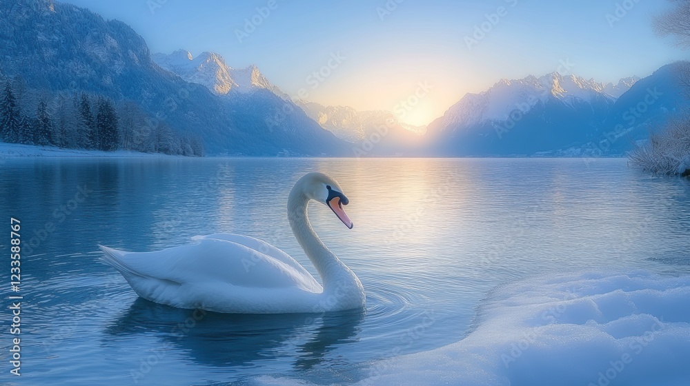 Fototapeta premium Swan in lake with snow covered forest in winter.
