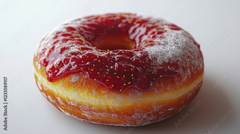 Delicious glazed donut topped with strawberry jam and sprinkles on a clean surface Delicious glazed donut topped with strawberry jam and sprinkles on a clean surface