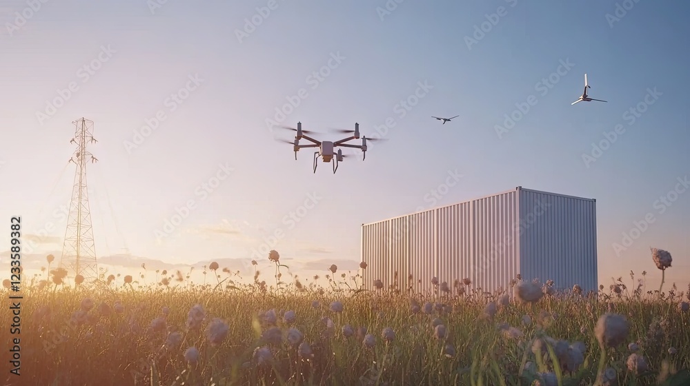 Fototapeta premium A futuristic supply chain with drone deliveries powered by renewable energy.