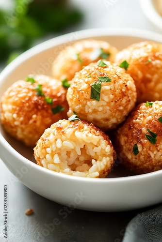 Golden Fried Arancini Rice Balls Delicious Italian Appetizer in a White Bowl : Generative AI