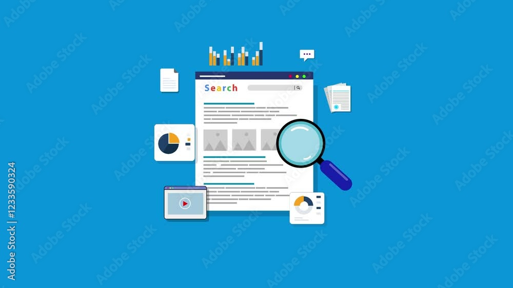 Search engine optimization outline concept, SEO data analysis, Mobile search, Web search, SEO coding - 2d animation video clip
