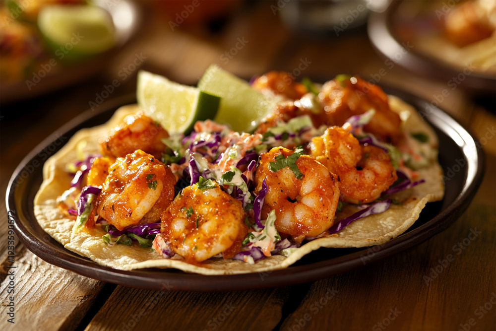 Spicy shrimp tacos with slaw and lime wedges placed on a festive Mexican-style wooden table Spicy shrimp tacos with slaw and lime wedges placed on a festive Mexican-style wooden table