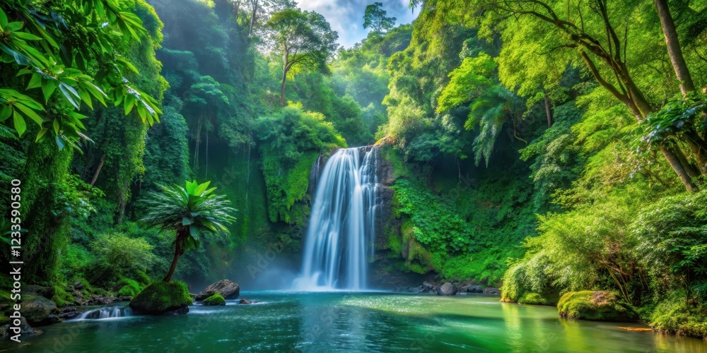 Dense foliage and towering trees surround a serene waterfall in the heart of a lush jungle, park, forest, park, forest Dense foliage and towering trees surround a serene waterfall in the heart of a lush jungle, park, forest, park, forest
