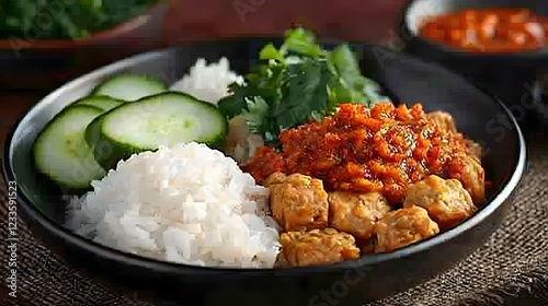 Probiotic Sustainable Protein Consumption, Authentic Indonesian Tempeh Orek Served with Steamed Rice, Sambal, and Cucumber photo