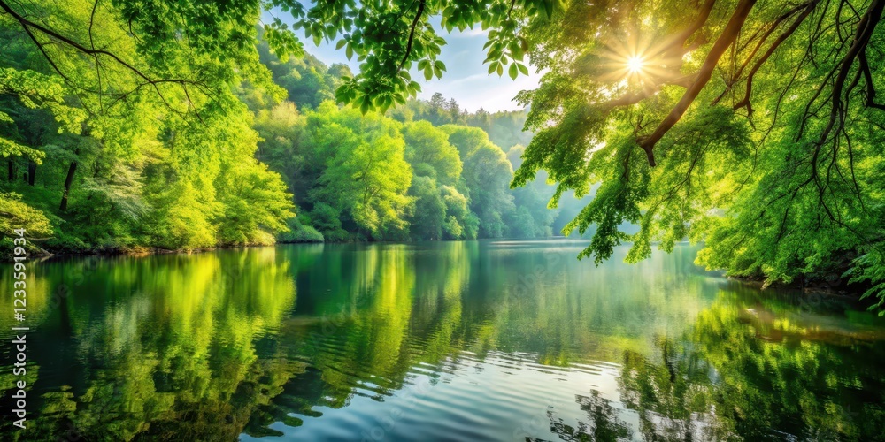Fototapeta premium Warm sunlight streams through leafy forest foliage onto still lake surface reflecting vibrant green hues and creating a sense of depth and dimensionality , nature's beauty, calm