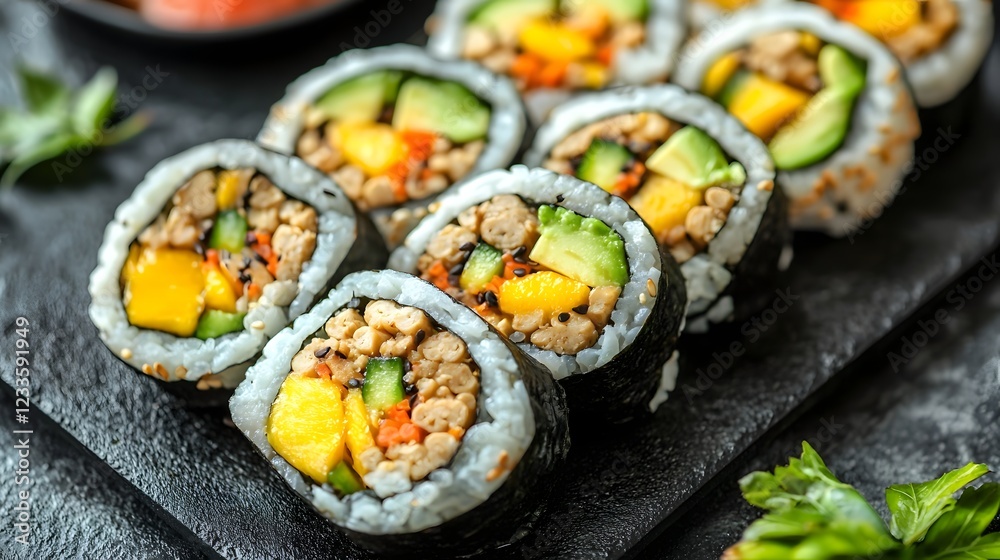 Probiotic Sustainable Protein Consumption, Overhead View of Tempeh Sushi Rolls with Avocado and Mango - Unique Fusion Japanese Cuisine Probiotic Sustainable Protein Consumption, Overhead View of Tempeh Sushi Rolls with Avocado and Mango - Unique Fusion Japanese Cuisine