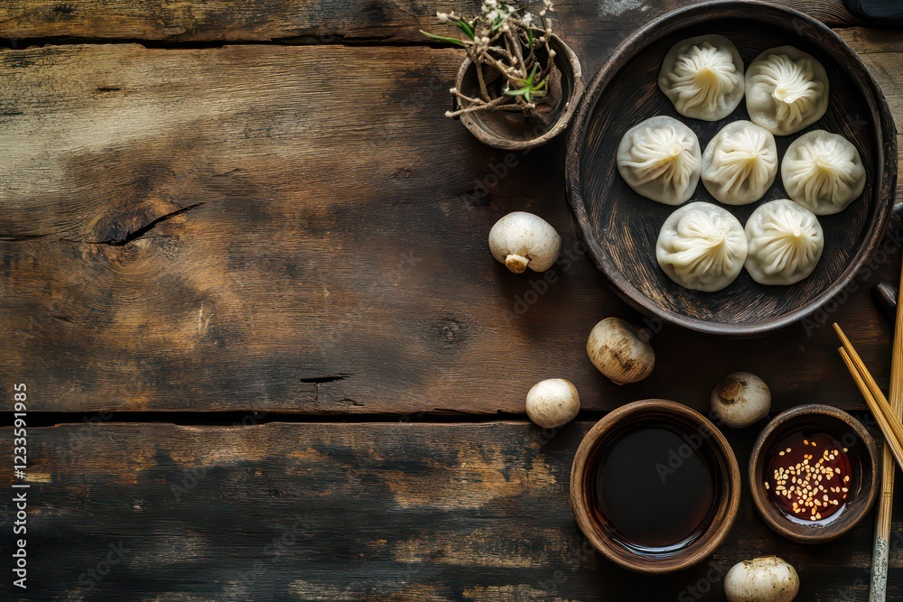 A rustic wooden table with handmade dumplings, soy sauce, and chili oil in traditional bowls. A rustic wooden table with handmade dumplings, soy sauce, and chili oil in traditional bowls.