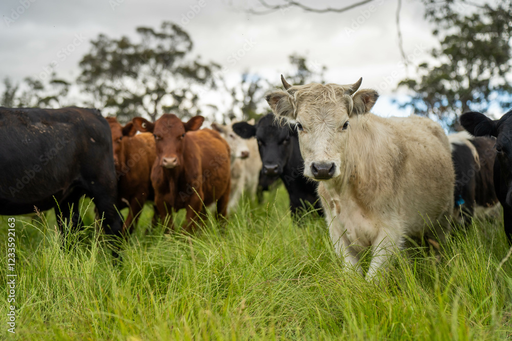 beautiful cattle in Australia eating grass, grazing on pasture. Herd of cows free range beef being regenerative raised on an agricultural farm. Sustainable farming beautiful cattle in Australia eating grass, grazing on pasture. Herd of cows free range beef being regenerative raised on an agricultural farm. Sustainable farming