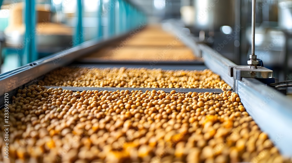 Fototapeta premium Probiotic Sustainable Protein Consumption, Tempeh Production Factory with Rows of Fermenting Soybeans on Industrial Conveyor