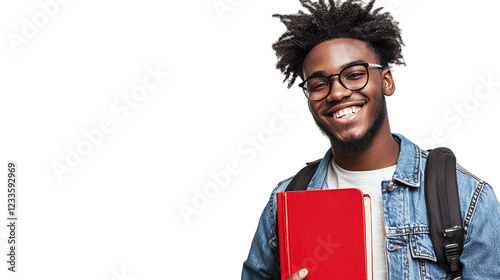a black male student wearing glasses and a backpack holding a red book in his hands, smiling at the camera PNG image, PNG file, Generative art.