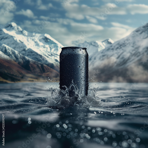 black_slimline_drink_can_300ml_floating_above_snowy