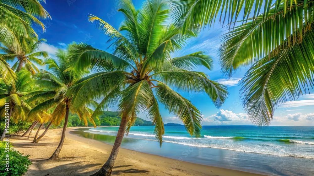 Fototapeta premium Palm trees swaying gently in the ocean breeze against a backdrop of turquoise water and lush greenery on Beautiful Uvita Beach in Costa Rica , beautiful beaches, uvita beach