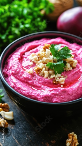 Beetroot dip with walnuts, parsley, close-up. Food photography for recipe blogs