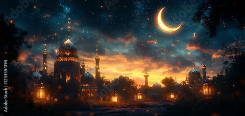 Enchanting nightscape with a crescent moon over a lit mosque and starry sky

