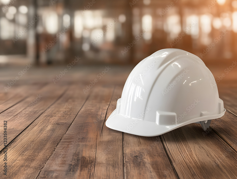 sleek white safety helmet resting on wooden flooring in workspace