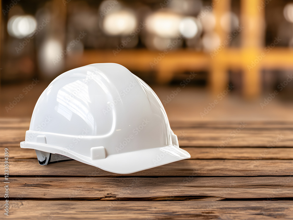 sleek white safety helmet placed on wooden surface in workshop sleek white safety helmet placed on wooden surface in workshop