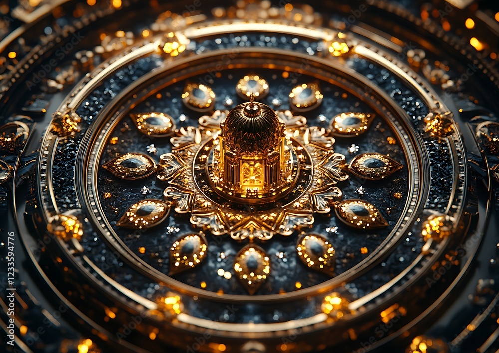 Obraz premium Intricate golden ornamental design with jewels on a dark patterned background