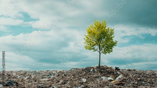 solitary tree stands resilient among litter and debris, symbolizing hope and renewal in polluted landscape. contrast between nature and waste evokes powerful emotional response