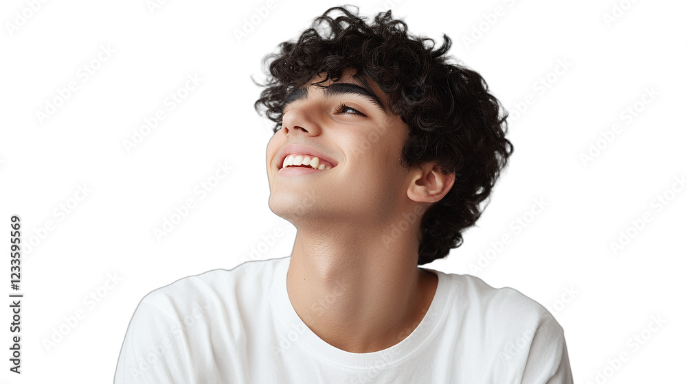 portrait of a young man with curly hair looking up with a smile on his face PNG image, PNG file, Generative art. portrait of a young man with curly hair looking up with a smile on his face PNG image, PNG file, Generative art.