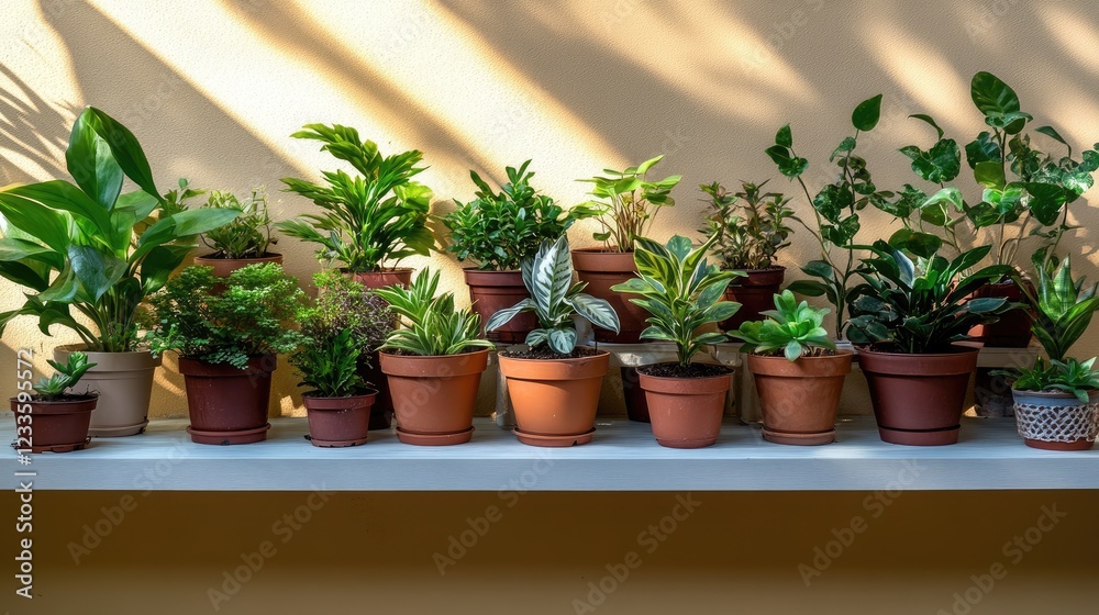 A well-organized indoor greenhouse corner with a variety of leafy plants. A well-organized indoor greenhouse corner with a variety of leafy plants.