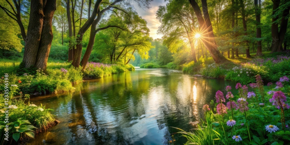 Obraz premium Serene water flow amidst lush greenery, surrounded by tall trees and vibrant wildflowers