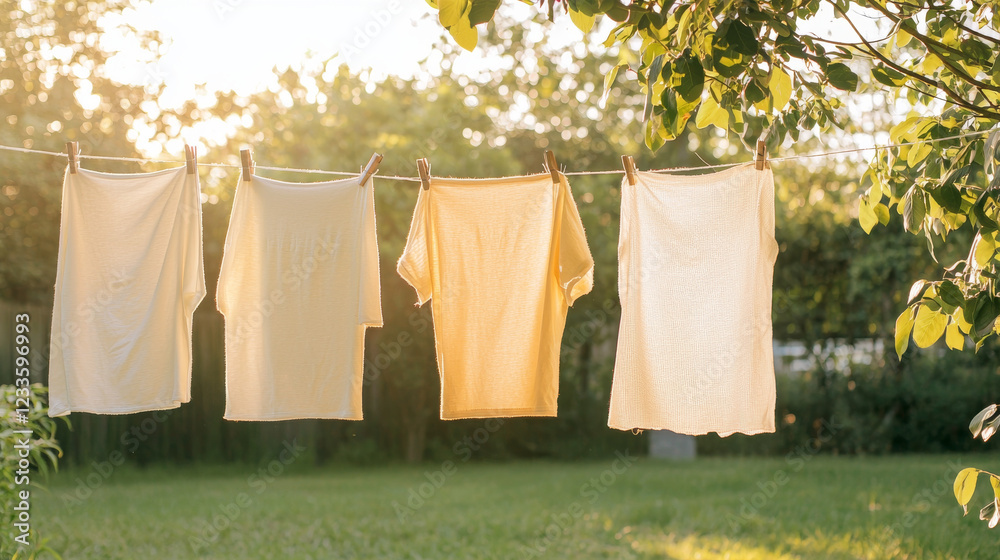 custom made wallpaper toronto digitalFreshly laundered organic cotton clothes hanging on line in sunny garden, showcasing sustainable living and eco friendly practices