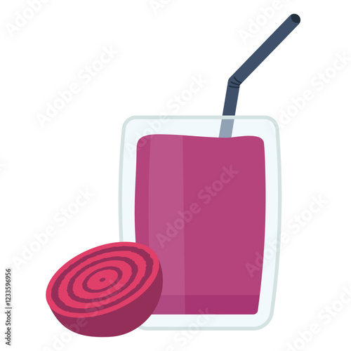 Beetroot juice illustration, isolated on white background. Flat vector cartoon style graphic of glass of beet juice with fresh beetroot.