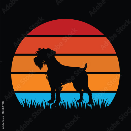 Retro Style Wirehaired Pointing Griffon Dog with Sunset Illustration
