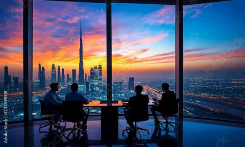 Business meeting at sunset with Dubai skyline in background