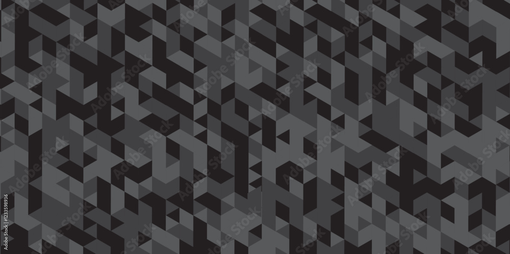 Fototapeta premium Abstract geometric black and gray background seamless mosaic and low polygon triangle texture wallpaper. Triangle shape retro wall grid pattern geometric ornament tile vector square element. 