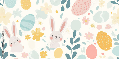 Osterthema mit sich wiederholenden Elementen wie Ostereiern, Hasen, Blumen und Körben. Spielen Sie mit runden Formen und weichen Kurven, verspielt und fröhlich sein, ideal für Osterdekoration, Geschen