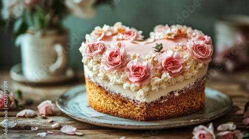 Wallpaper Mural Heart Shaped Cake Decorated With Pink Roses Torontodigital.ca