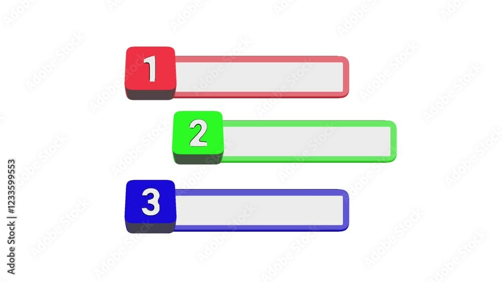 Animation of three colorful numbered text boxes, ideal for presentations, infographics, ranking lists, and modern UI designs. Animation of three colorful numbered text boxes, ideal for presentations, infographics, ranking lists, and modern UI designs.