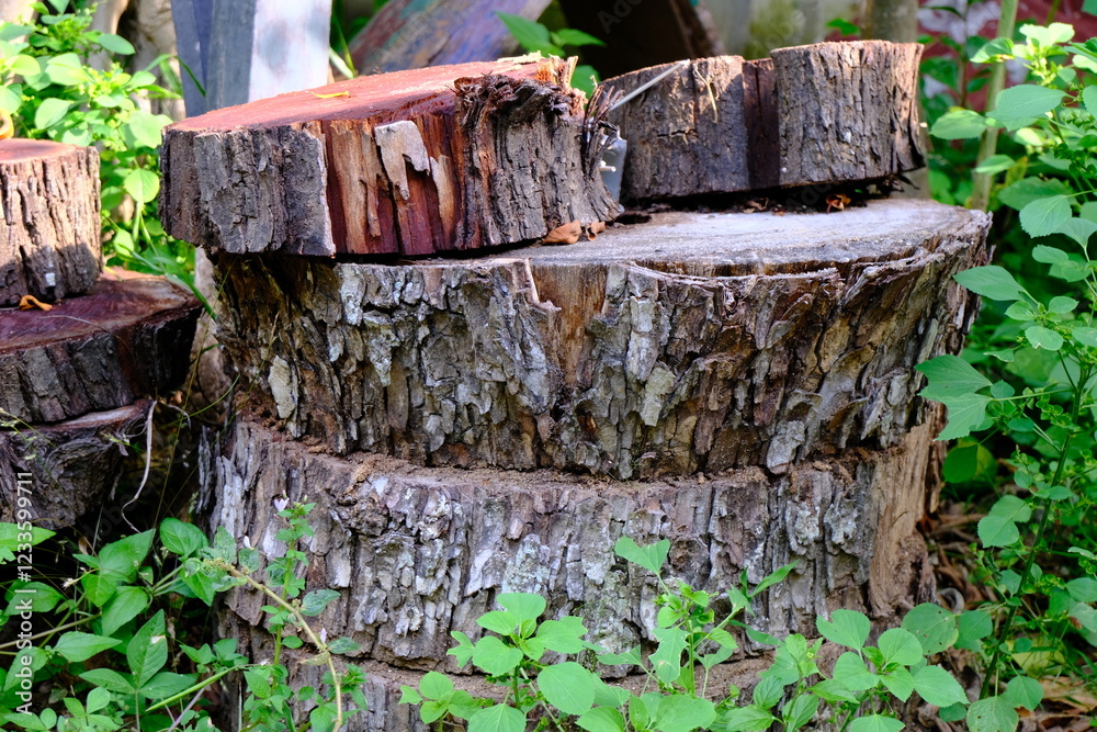 Fototapeta premium Close-Up of Stacked Tree Trunk Slices with Natural Texture in a Garden