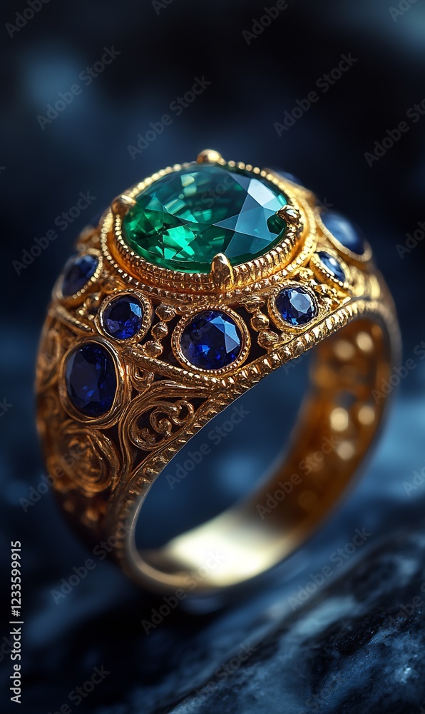 Antique Gold Ring with Green Gemstone Centerpiece and Blue Accents : Generative AI