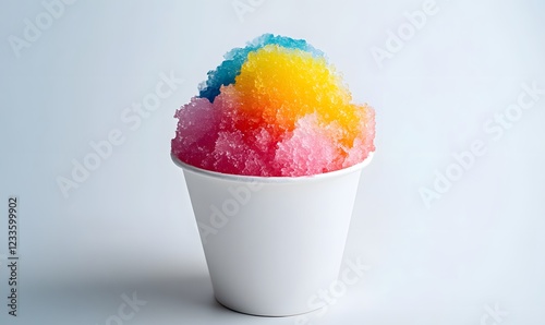 colorful shaved ice snowcone in a white paper cup. Generative AI