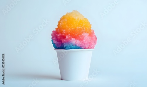 colorful shaved ice snowcone in a white paper cup. Generative AI