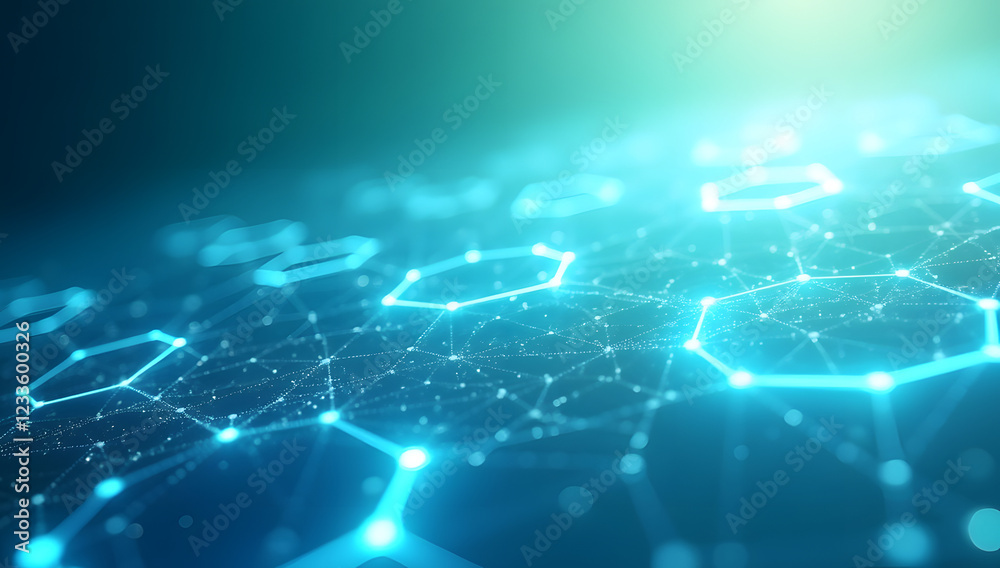 Obraz premium Digital network connection background. Features glowing hexagonal grid patterns and interconnected lines. Abstract technology illustration for data, AI, and global communication concepts.