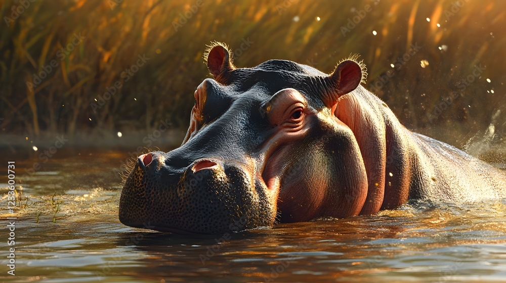 Fototapeta premium Hippopotamuse portrait in the warm light