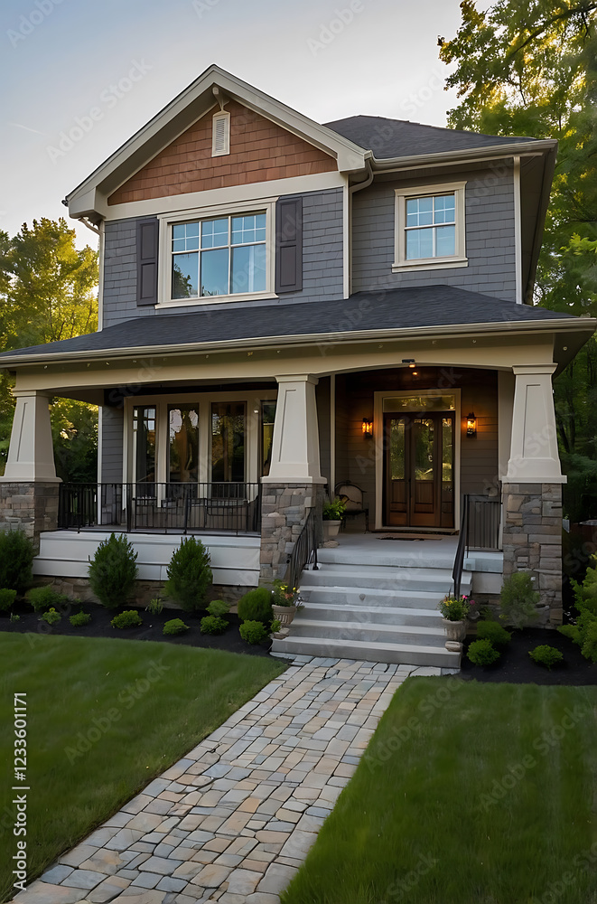 Obraz premium Luxury Craftsman Home Exterior: Gray Siding, Stone Accents, and Landscaped Yard