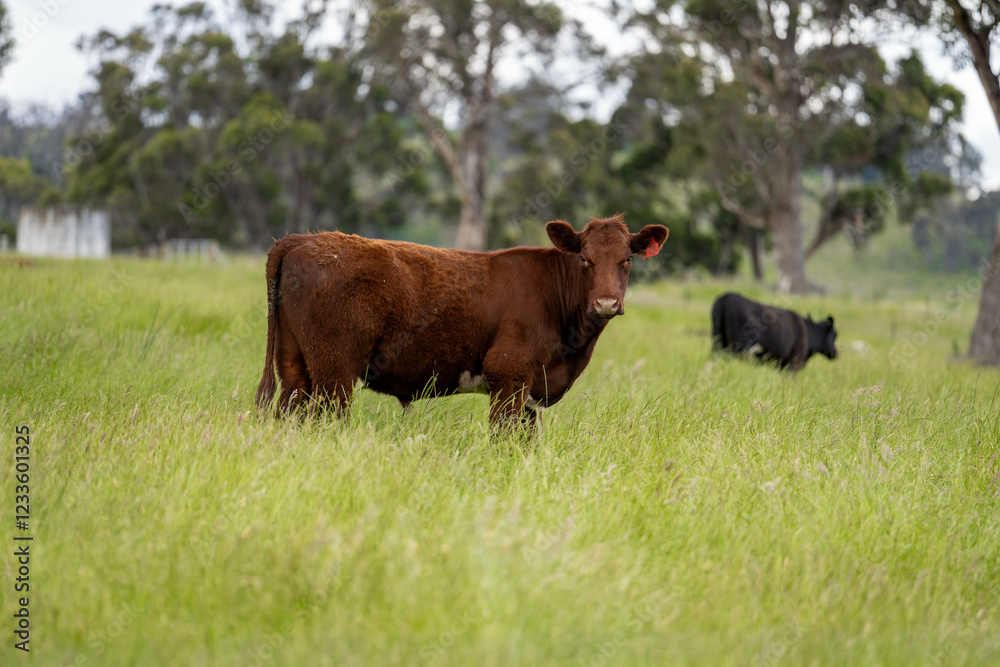 Fototapeta premium Stud beef cows in a field on a farm in England. English cattle in a meadow grazing on pasture in springtime. Green grass growing in a paddock on a sustainable agricultural ranch business.