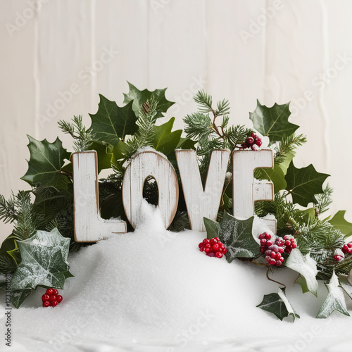 A Christmas tree toy in the form of a heart hangs on a branch covered with snow.