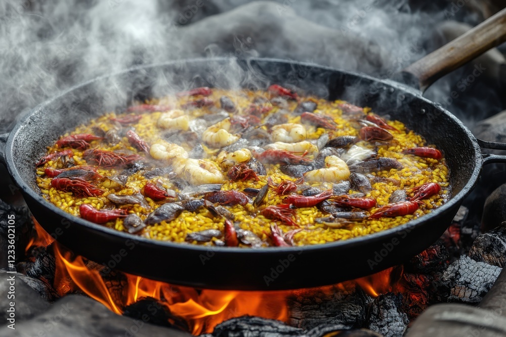 Delicious Traditional Paella Cooking Over Open Flame with Shrimp, Saffron, and Smoky Flavor in a Rustic Setting Surrounded by Natural Elements and Steam Rising Delicious Traditional Paella Cooking Over Open Flame with Shrimp, Saffron, and Smoky Flavor in a Rustic Setting Surrounded by Natural Elements and Steam Rising