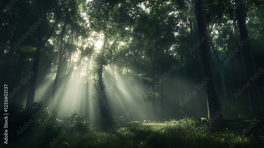 Obraz premium Sunlight filters through a dense forest, creating a serene and mystical atmosphere.