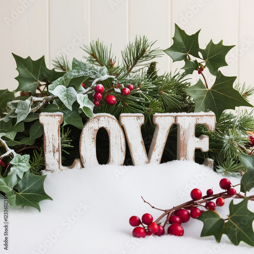 A Christmas tree toy in the form of a heart hangs on a branch covered with snow.