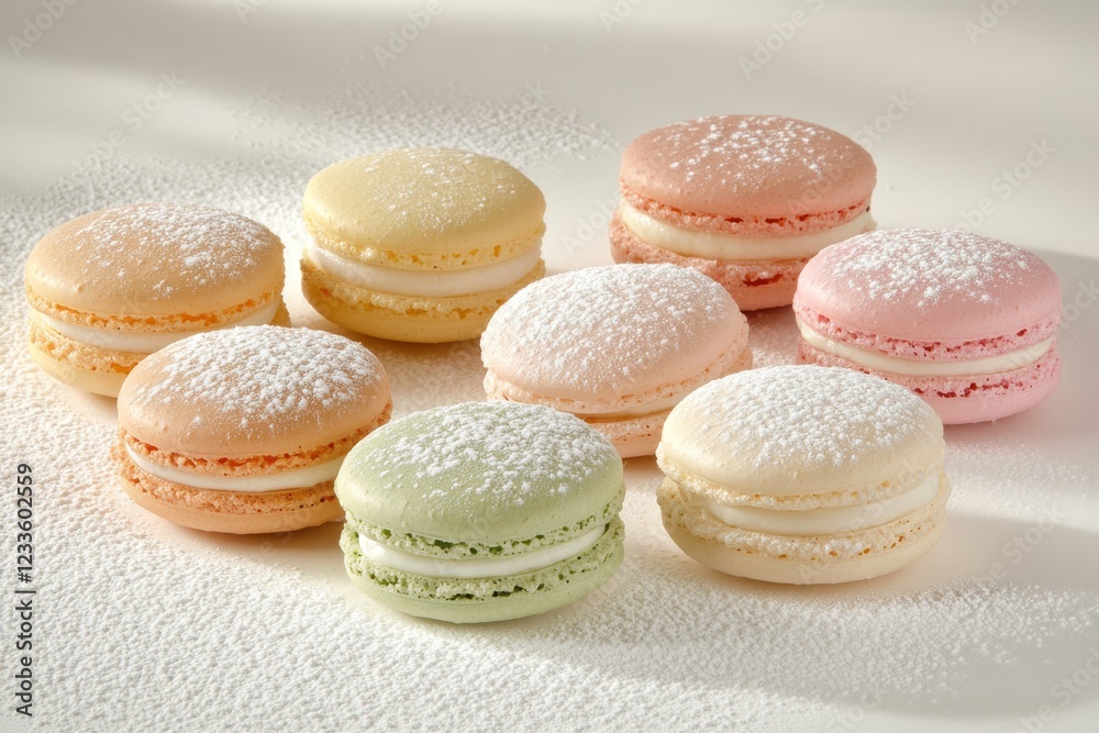 Deliciously Colorful Macarons Arranged Elegantly on a Light Background with a Subtle Dusting of Powdered Sugar for a Sweet Treat Display Deliciously Colorful Macarons Arranged Elegantly on a Light Background with a Subtle Dusting of Powdered Sugar for a Sweet Treat Display